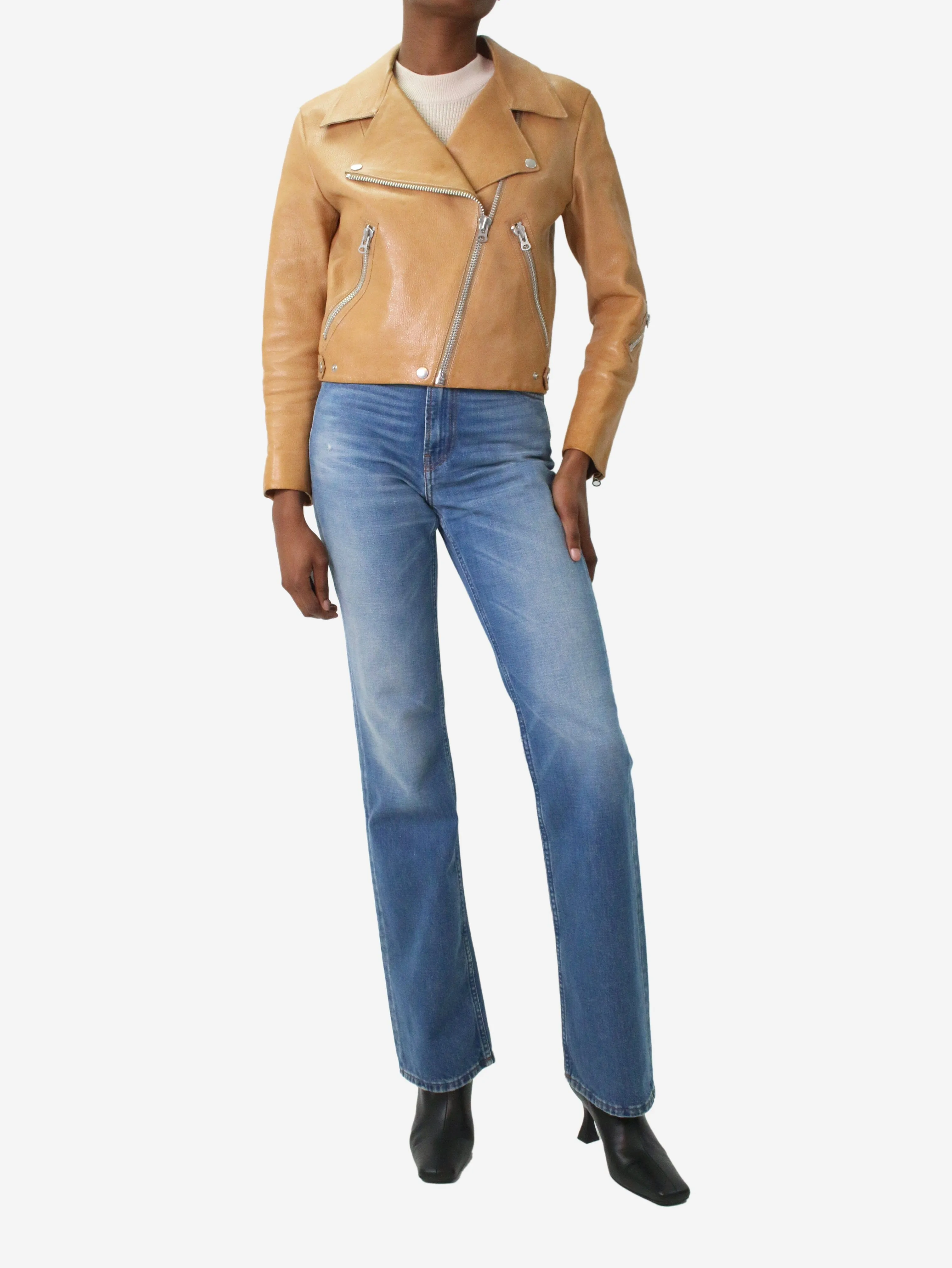 Brown Leather jacket with zips - size EU 34